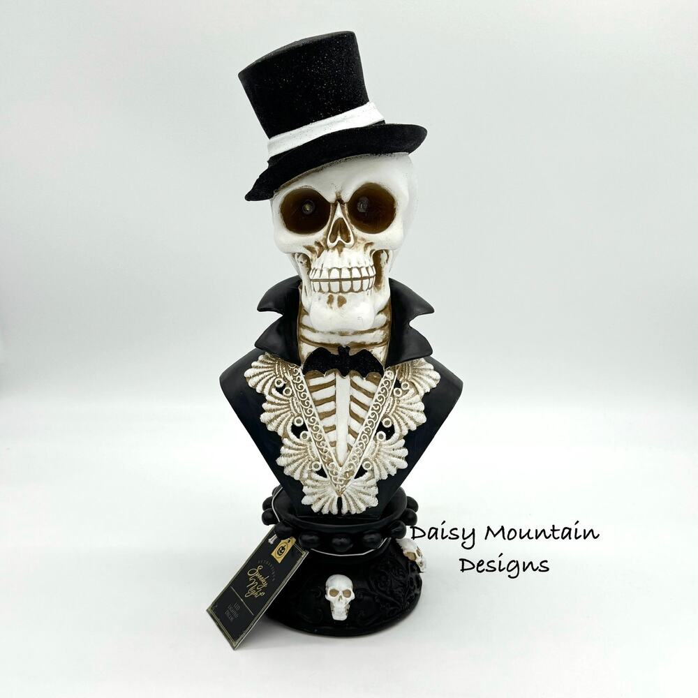 Skeleton Gent Bust In Top Hat LED Light Up Eyes 16” Halloween Spooky Night NEW